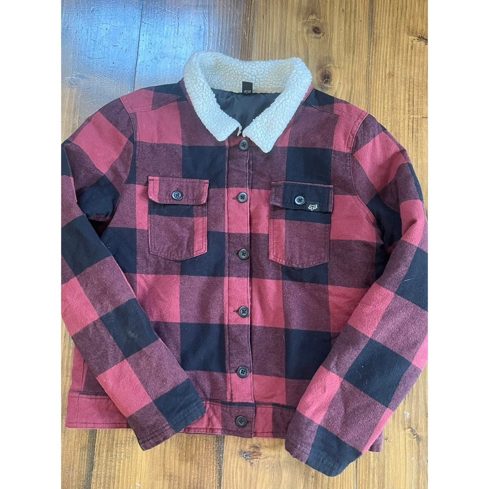 Fox Racing Womens Buffalo Plaid Flannel Sherpa Collar Quilted Jacket Red Black L